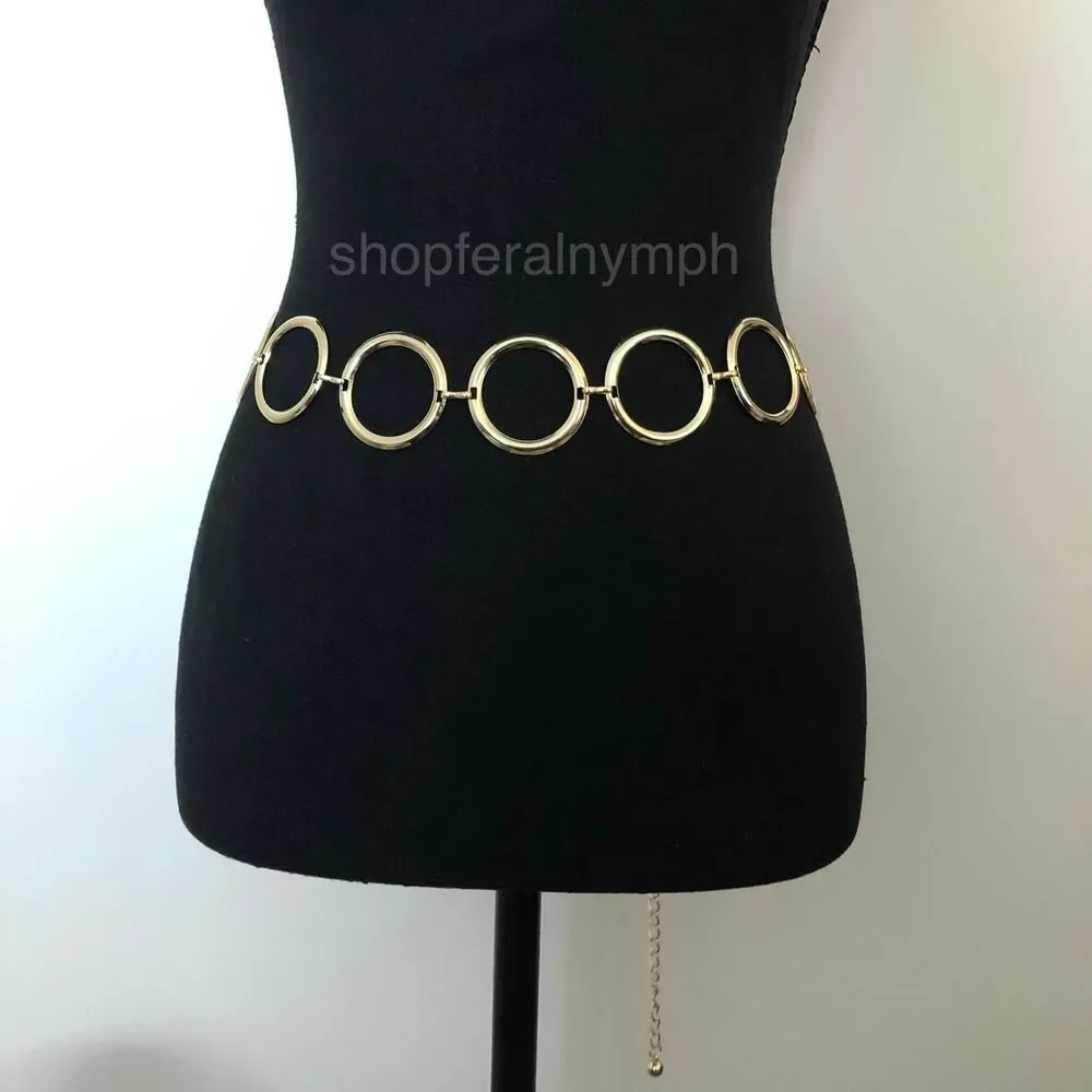 Vintage Y2K Retro Gold Open Circle Chain Belt, Fits 25–44 Inches, X7GA1191